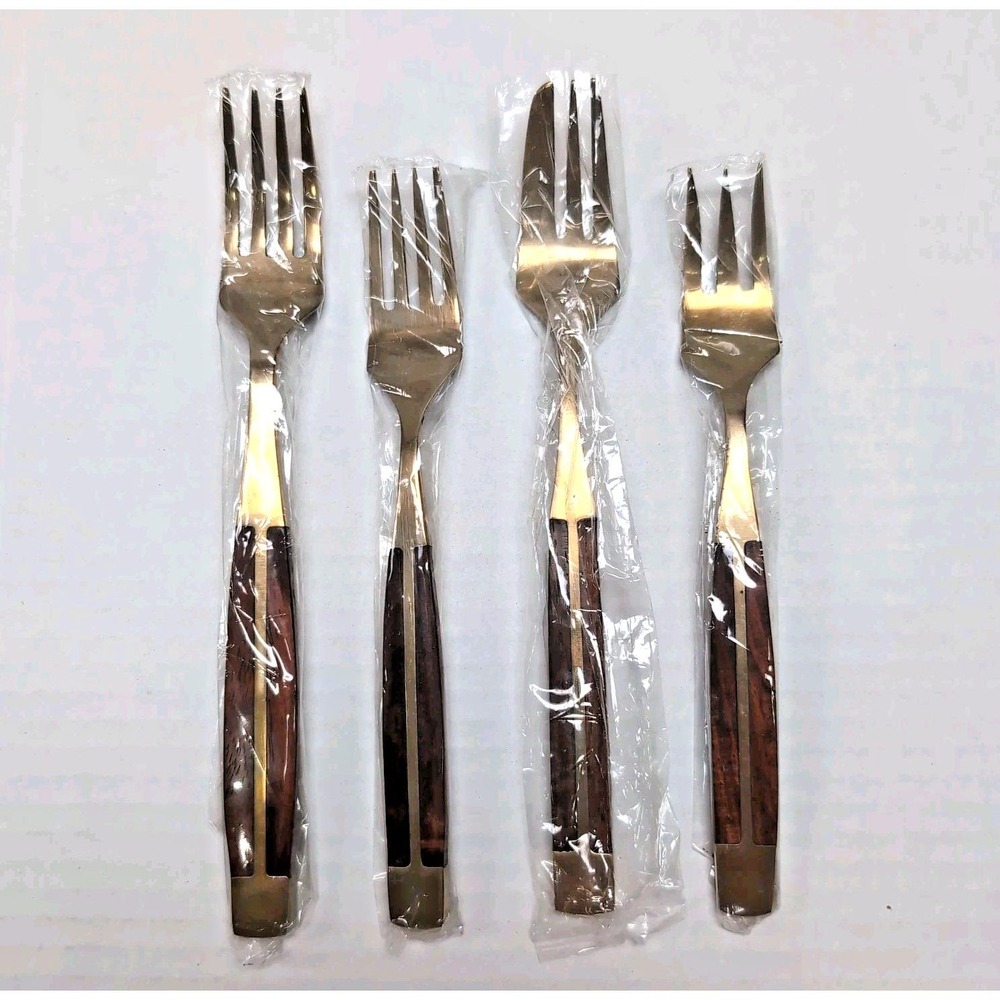 Vtg Jean Claude Brass Teak Flatware 64-Piece Incomplete Set 7 Serving Pcs & Box - Picture 4 of 16